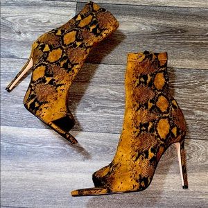 Lemon Drop Peep Toe Brown Snake Bootie